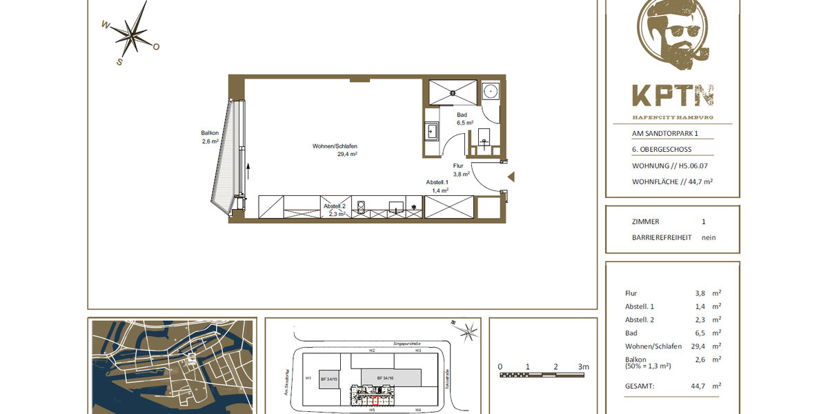 Etagenwohnung Hamburg Hamburg-Mitte - 1 Zimmer, 45 m&sup2;, 1.390&euro; | Angebot:24080824