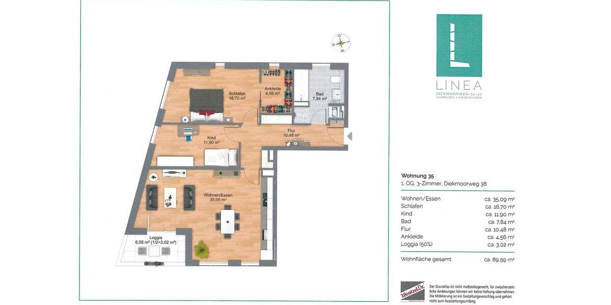 Etagenwohnung Hamburg Langenhorn - 3 Zimmer, 90 m&sup2;, 1.446&euro; | Angebot:25476295