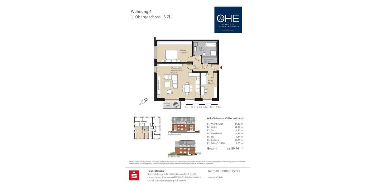 Etagenwohnung Norderstedt Garstedt - 3 Zimmer, 80 m&sup2;, 379.900&euro; | Angebot:25678394