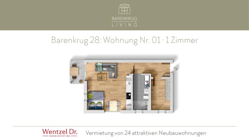Erdgeschoßwohnung Hamburg Wandsbek - 1 Zimmer, 48 m&sup2;, 965&euro; | Angebot:26005688