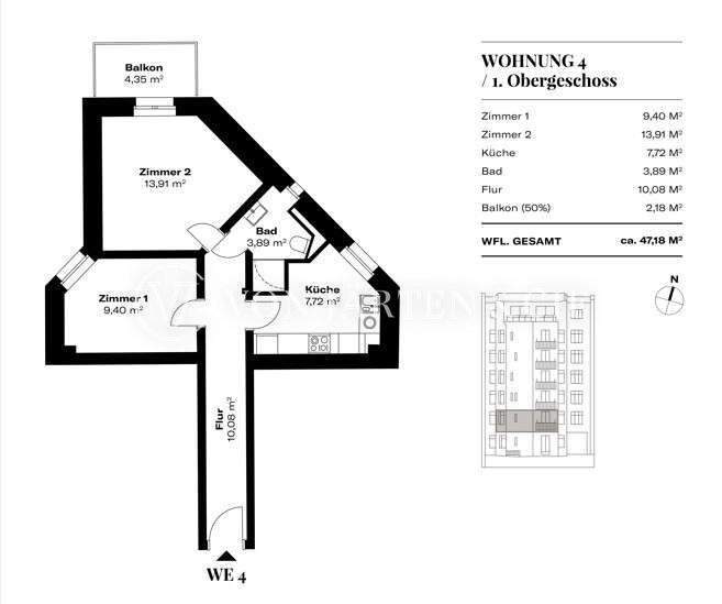 Etagenwohnung Hamburg Uhlenhorst - 2 Zimmer, 47 m&sup2;, 499.000&euro; | Angebot:25671904