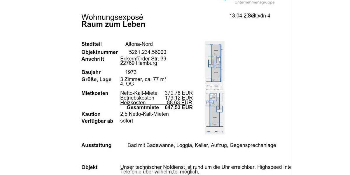 Etagenwohnung Hamburg Altona-Nord - 3 Zimmer, 77 m&sup2;, 498&euro; | Angebot:25917023